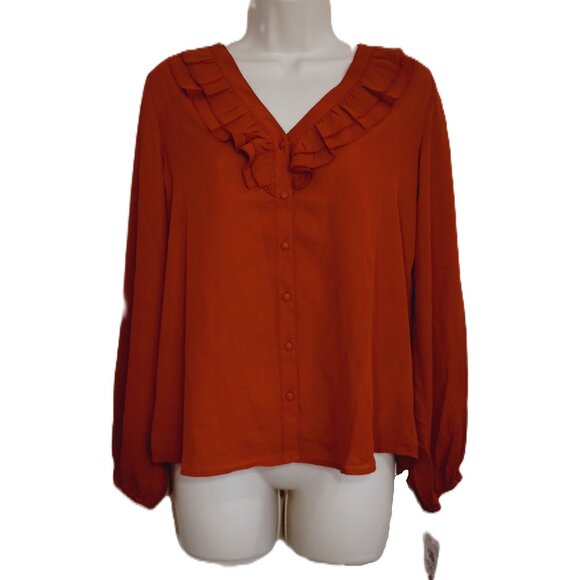 Nanette Lepore Tops - Nanette Lepore Blouse Womens Small Brown Long Sleeve V-Neck Ruffle Collar